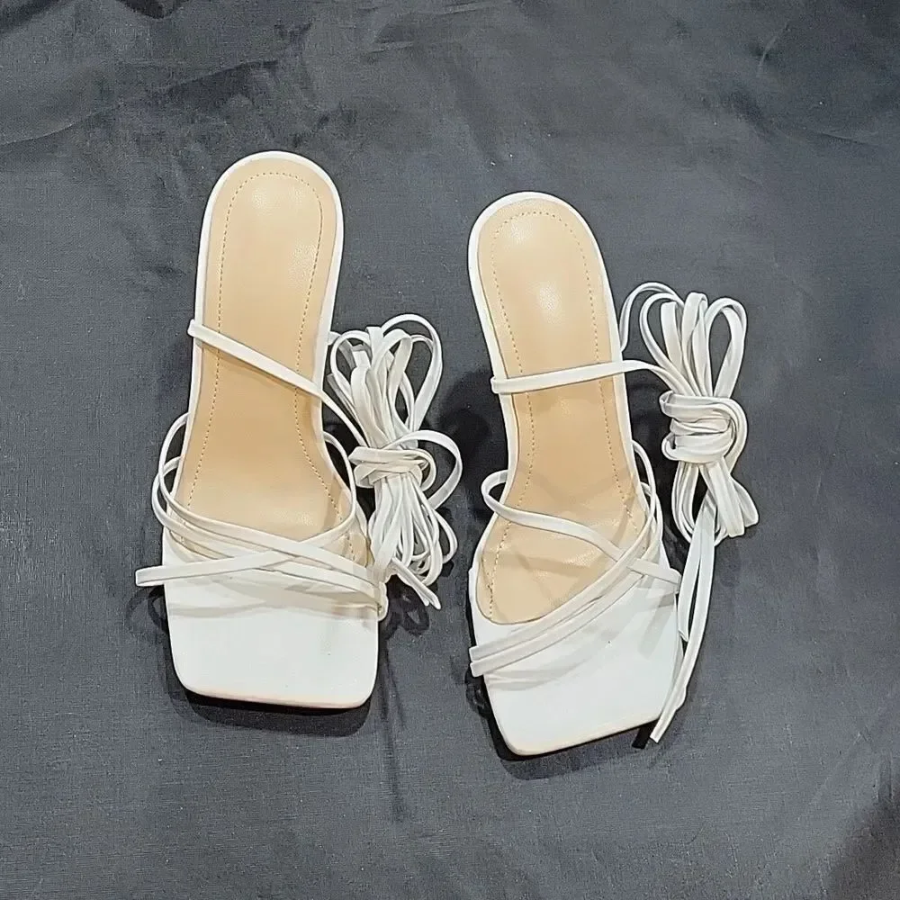 BRAND NEW THING SQUARE TOE LACED HIGH HEELED SANDALS